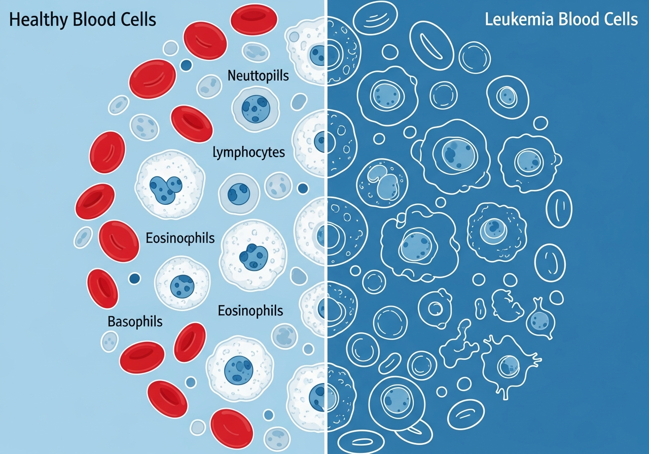 Comparison of healthy blood cells and leukemia-affected blood cells showing abnormal blast cell accumulation in bone marrow