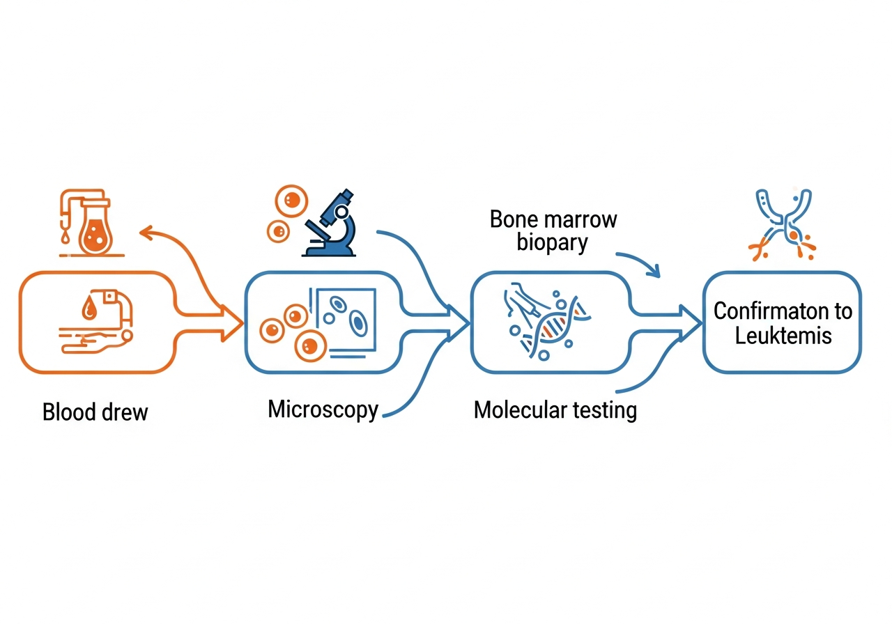 Leukemia diagnostic pathway flowchart showing progression from initial blood draw through bone marrow biopsy to confirmed leukemia subtype diagnosis
