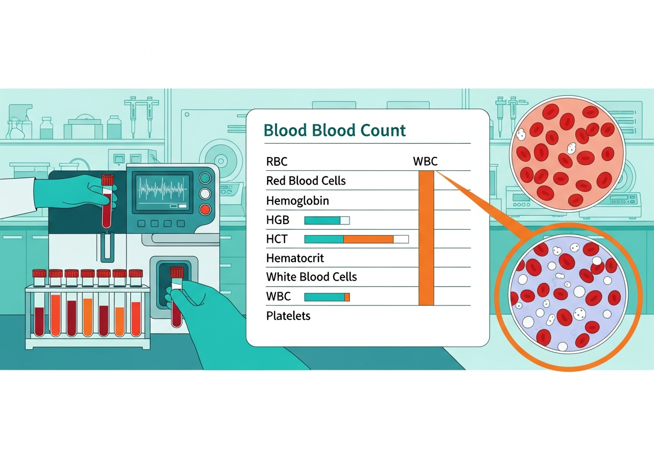 Complete blood count CBC blood test illustration showing abnormal white cell counts as the first step in leukemia diagnosis
