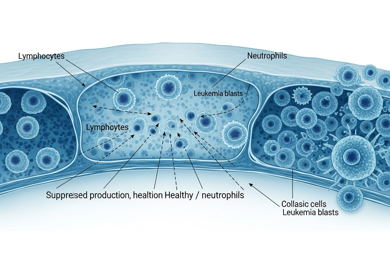 Immune system response chart showing how leukemia suppresses white blood cell production and weakens immune defenses