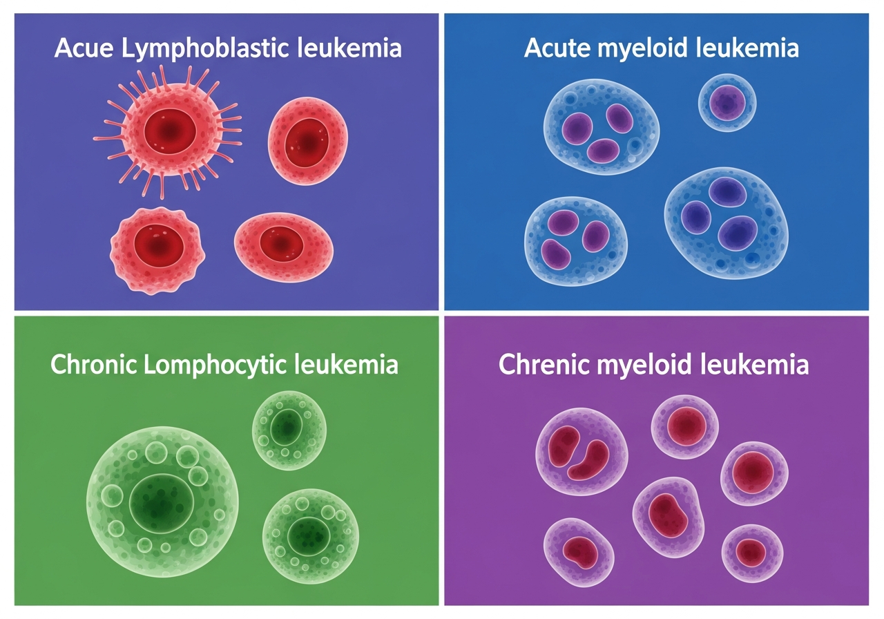 Diagram showing the four main leukemia subtypes ALL AML CLL and CML with their distinct cell characteristics and lineage origins