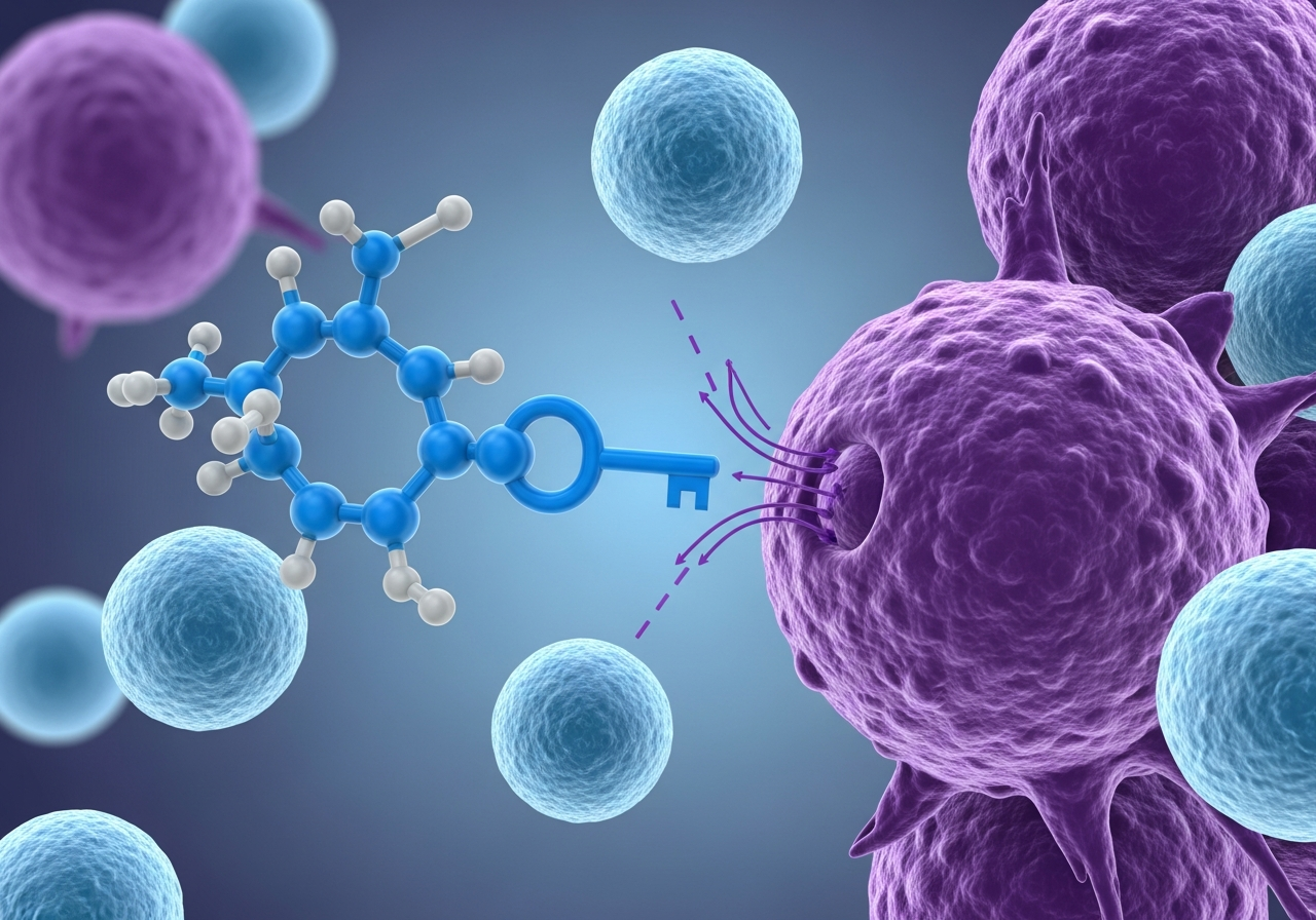 Targeted therapy mechanism diagram showing precision drug molecules blocking specific BCR-ABL cancer signaling proteins in leukemia cells