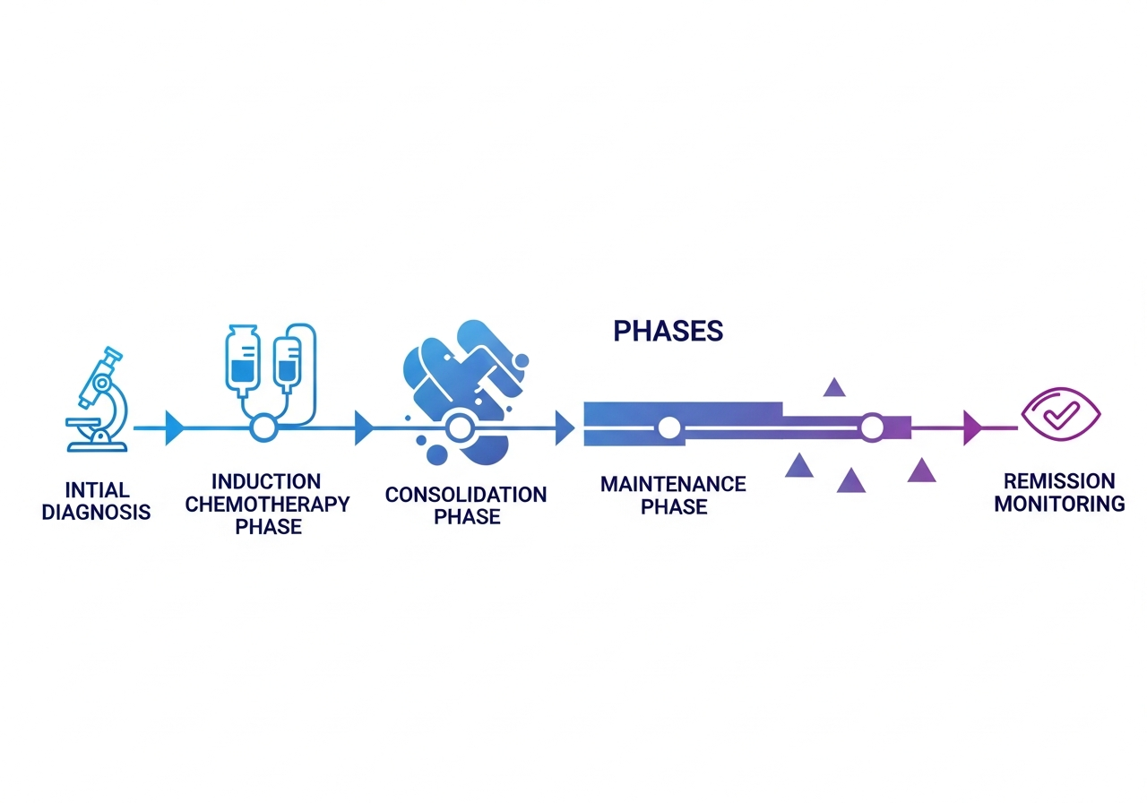 Leukemia treatment timeline chart showing induction chemotherapy consolidation and maintenance phases toward remission