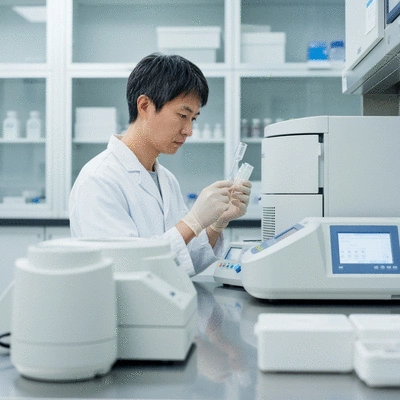 Scientist working in a lab with advanced medical equipment