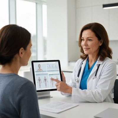 Patient and doctor discussing treatment options in a modern clinic, with medical charts visible on a tablet, no text, no words, no typography, clean image