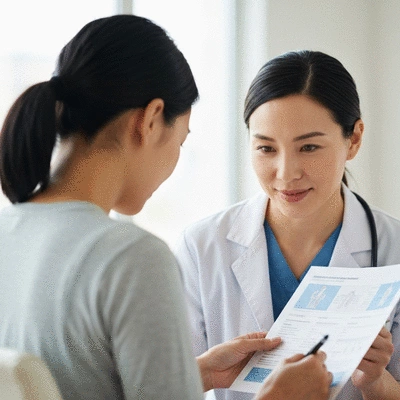 Patient reviewing medical information with a healthcare provider