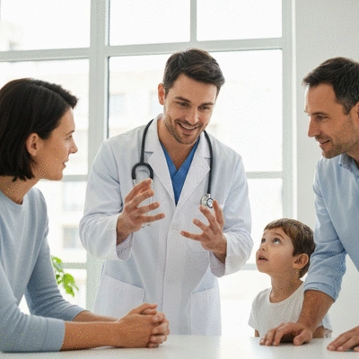 Medical professional explaining leukemia symptoms to adult patient and child