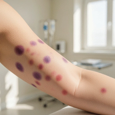 Close-up of a person's arm showing several unexplained bruises, indicating low platelet count, in a clean medical setting. Focus on skin texture and bruise coloration.