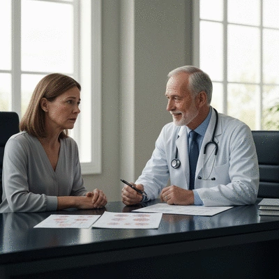 Patient and doctor discussing treatment options, with medical charts visible, professional setting