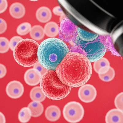 Microscopic view of leukemia cells attacking healthy immune cells