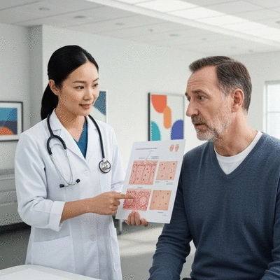 Healthcare professional consulting with a patient, looking at a diagram of skin conditions, in a modern clinic setting, no text, no words, no typography, clean image, 8K