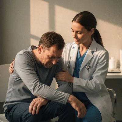 Leukemia patient experiencing emotional distress, supported by a healthcare professional