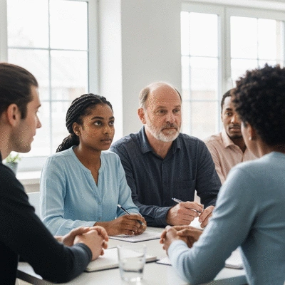 Diverse group of people in a support group meeting, empathetic, clean image, no text, no words, no typography