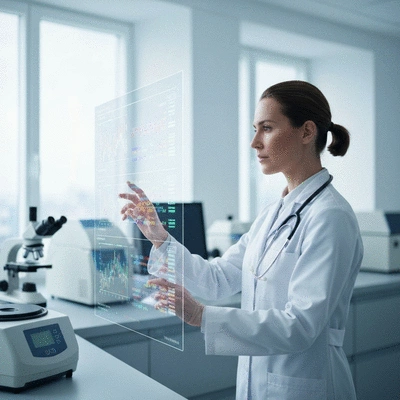 Scientist analyzing genetic data on a screen in a modern lab setting