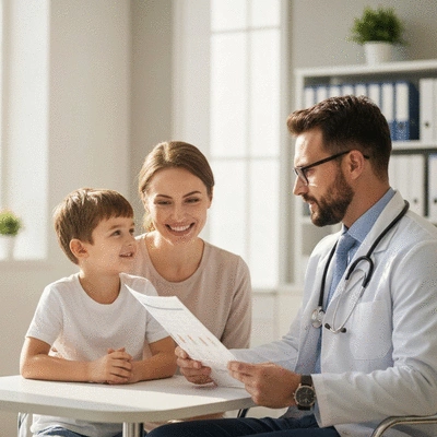 Child and parent interacting with a doctor, discussing family medical history in a clean, modern clinic, no text, no words, no typography, clean image