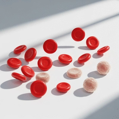 Scientific illustration of blood cells, some healthy and some affected by leukemia, in a clean, clinical setting, no text, no words, no typography, 8K