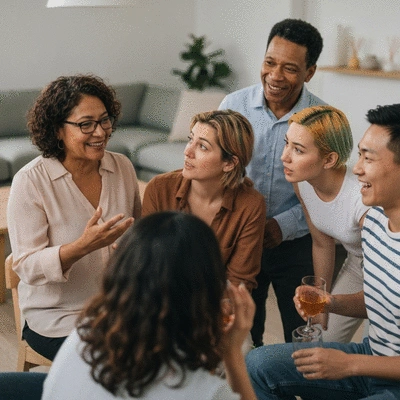 Diverse group of people in a support group meeting, engaged and supportive, soft lighting, no text, no words, no typography, 8K