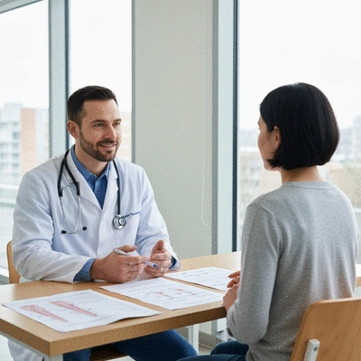 Doctor and patient discussing CML treatment options