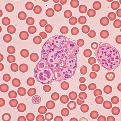 Microscopic view of blood cells showing both healthy and abnormal leukemia cells, clean image, no text, no words, no typography