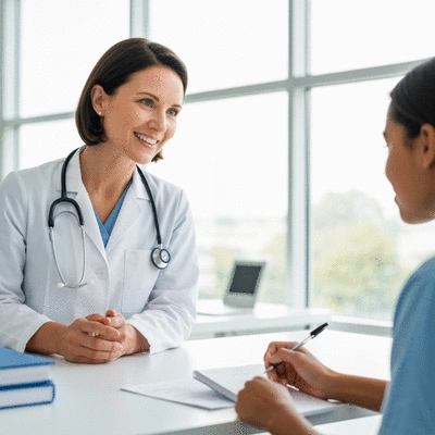 Healthcare professional explaining medical information to a leukemia patient, emphasizing symptom monitoring, in a clean, modern clinic setting.