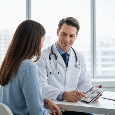 Doctor and patient discussing leukemia diagnosis on a tablet