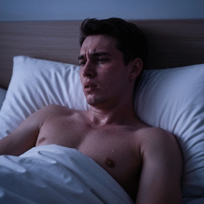 Leukemia patient sleeping uncomfortably due to night sweats, realistic depiction, no text, no words, no typography, 8K