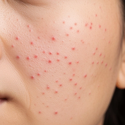 Close-up of skin with small, pinpoint red spots (Petechiae) on light skin tone, no text, no words, no typography, clean image, 8K