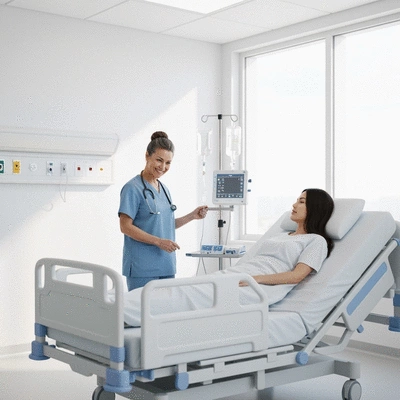 Chemotherapy infusion setup with a medical professional observing, clean, modern hospital environment