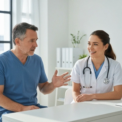 A patient discussing symptoms with a healthcare professional in a bright, modern clinic, emphasizing empathy and clear communication, no text, no words, no typography, 8K