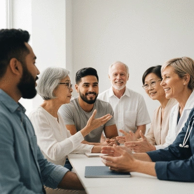 Diverse group of people in a support group setting, sharing experiences, with a healthcare professional facilitating, clean image, no text, no words, no typography