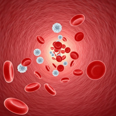 Microscopic view of healthy red blood cells, white blood cells, and platelets in a blood vessel