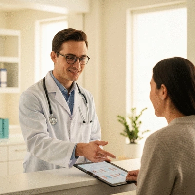 Medical professional explaining treatment options to a patient in a modern clinic setting