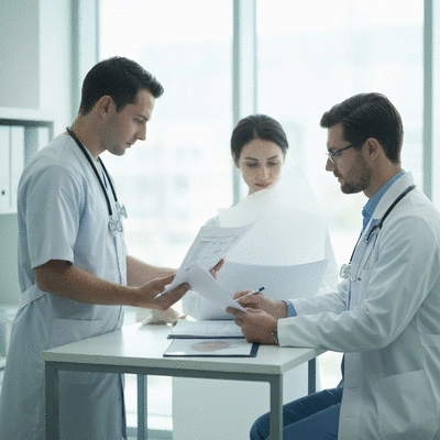 Medical professionals reviewing patient charts and discussing leukemia treatment options in a modern clinic, clean image, no text