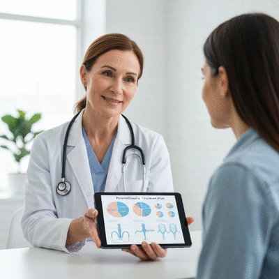 Medical professional explaining a personalized leukemia treatment plan to a patient, featuring various charts and diagrams on a tablet, clean, modern clinic setting, no text, no words, no typography, 8K