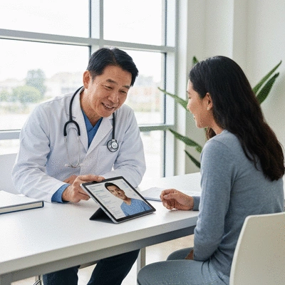Patient and doctor discussing treatment options, looking at a digital tablet with medical data, supportive and hopeful atmosphere, modern clinic setting, no text, no words, no typography, clean image