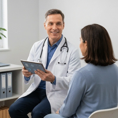 Patient and doctor engaged in a collaborative discussion about treatment options, with a tablet displaying medical data, clean image, no text