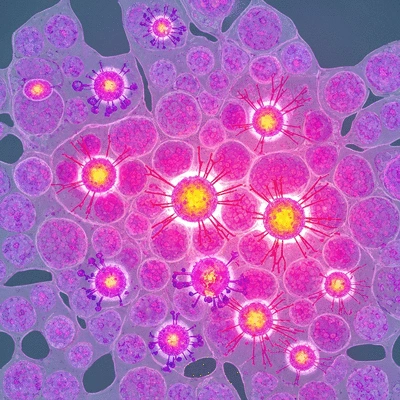 Microscopic view of leukemia cells being targeted by advanced therapy, vibrant colors, scientific illustration, no text, no words, no typography, clean image