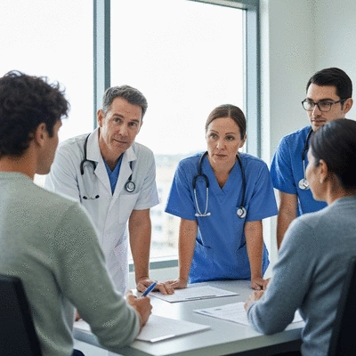 Healthcare providers discussing CMML treatment options with a patient