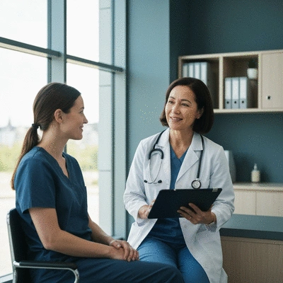 Patient consulting with a healthcare professional during a post-transplant check-up, showing a positive and reassuring interaction, modern clinic setting, no text, no words, no typography, 8K