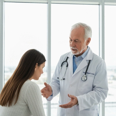 Medical professional explaining AML diagnosis process to a patient