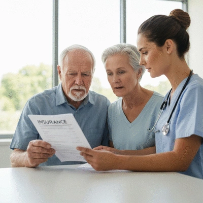 Leukemia patient reviewing insurance documents with a healthcare professional