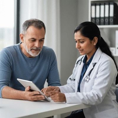 Patient discussing treatment options with a healthcare professional in a clinic
