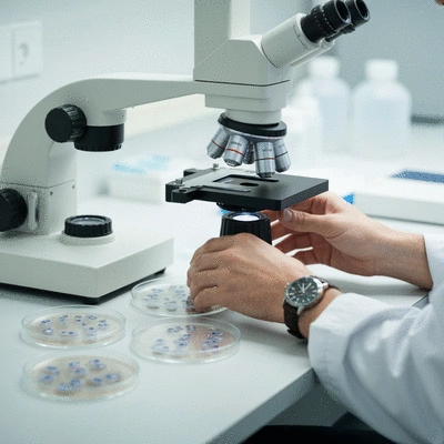 Microscope analyzing stem cells in a lab setting