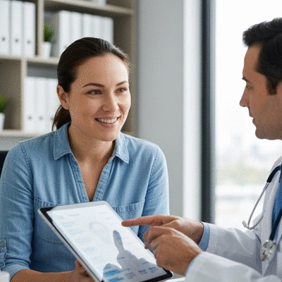 Leukemia patient looking hopeful while discussing treatment with doctor