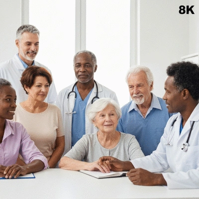 Diverse group of people of different ages and ethnicities in a medical setting, representing health disparities, no text, no words, no typography, clean image