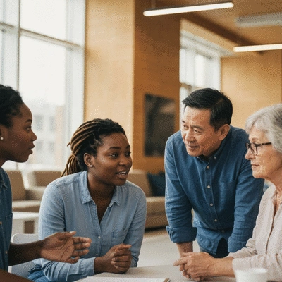 Diverse group of people attending a support group meeting, engaged in conversation, with a blurred background of a modern community center, no text, no words, no typography, clean image